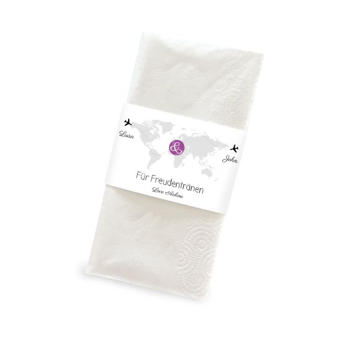 Banderole für Freudentränen Taschentücher mit lila Reisemotiv
