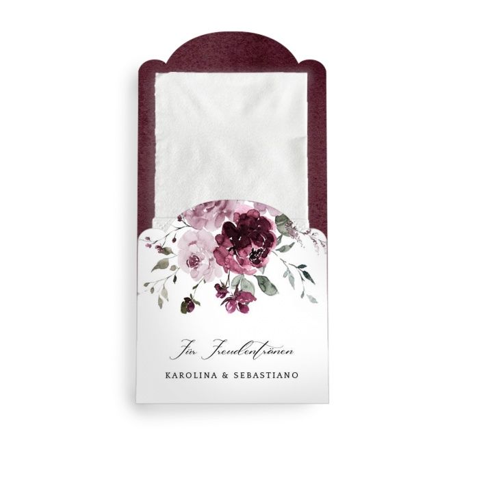 Taschentuchhülle für Freudentränen mit romantischen Aquarellrosen in Bordeaux