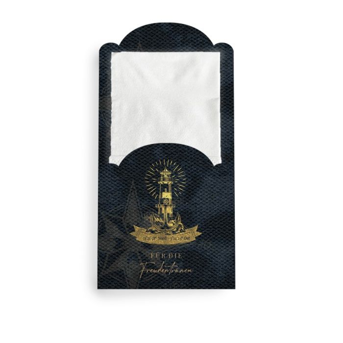 Taschentuchhülle in maritimen Design mit Leuchtturm in Gold
