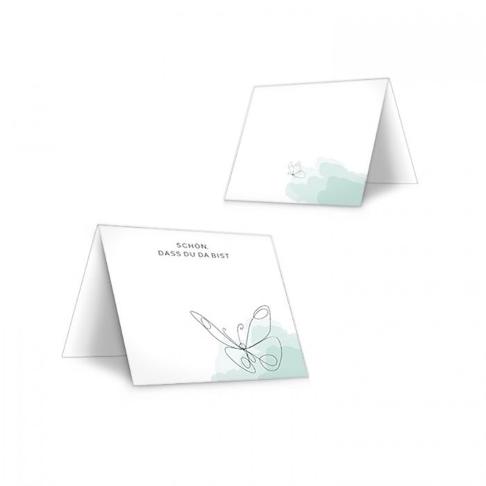 Tischkarte für die Hochzeit mit elegantem Lineart Schmetterling in Grün