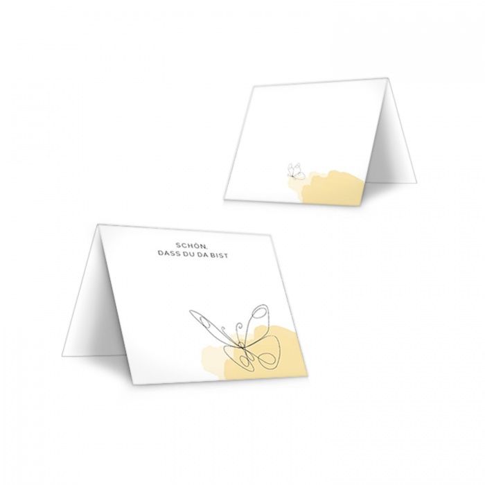 Tischkarte für die Hochzeit mit elegantem Lineart Schmetterling in sommerlichem Gelb