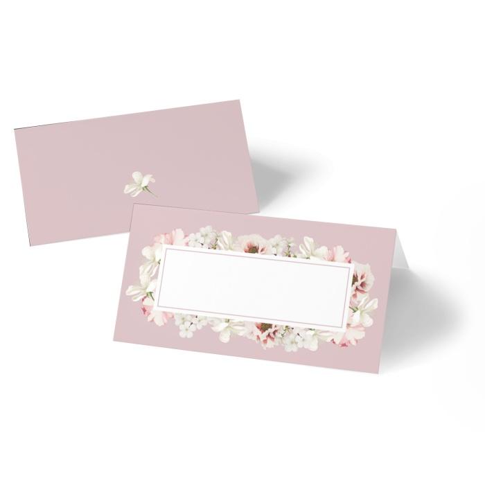 Tischkarte in Rosa mit Blütenkranz - online selbst gestalten