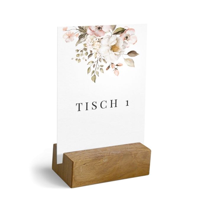 Tischkarte mit romantischen Blumen und Holzaufsteller aus geölter Eiche