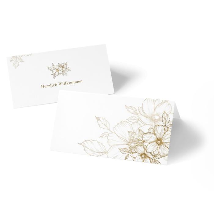 Tischkarte zur Goldenen Hochzeit mit goldenen Blumen zum Beschriften