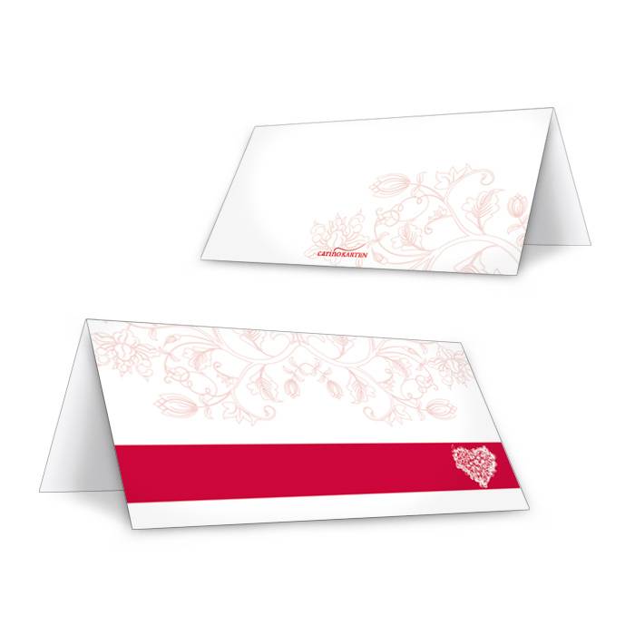 Romantische Tischkarte zur Hochzeit mit Herz in Weiß Rot