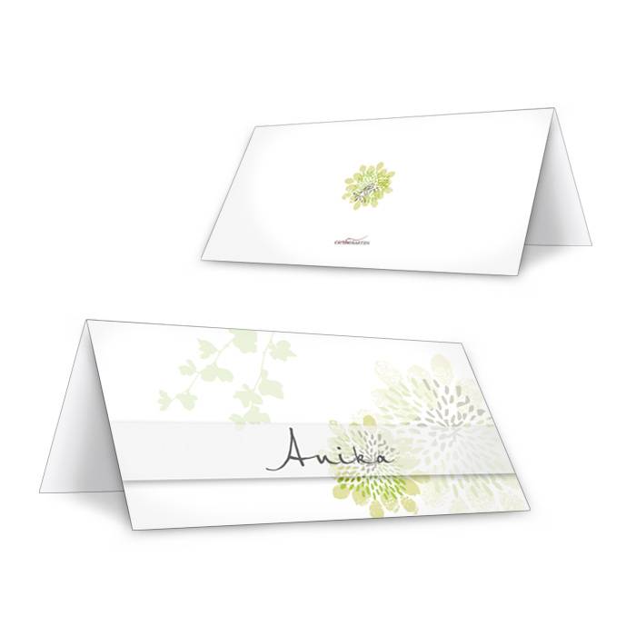 Florale Tischkarte zur Hochzeit mit Gästenamen in Grün