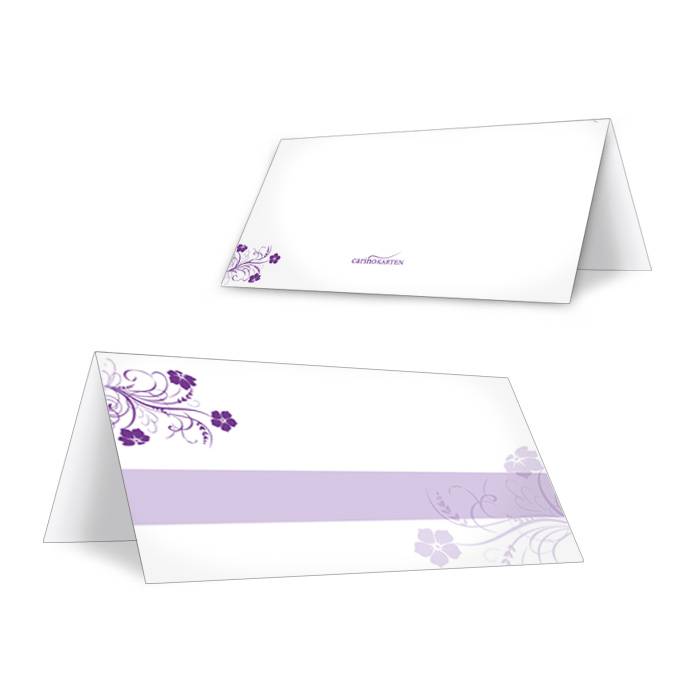 Tischkarte zur Hochzeit mit Blumenranke in Weiß und Lila