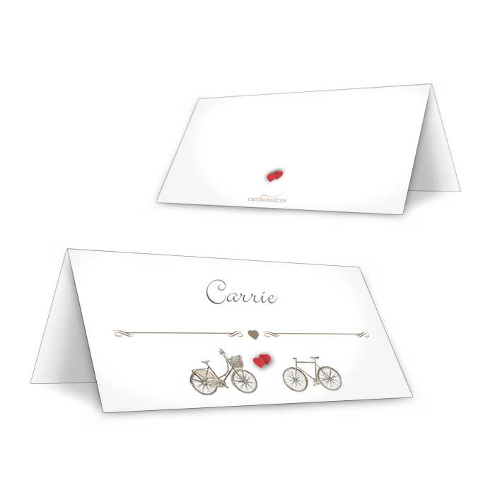 Tischkarten zur Vintage Hochzeit mit Fahrrad Motiv und Herz