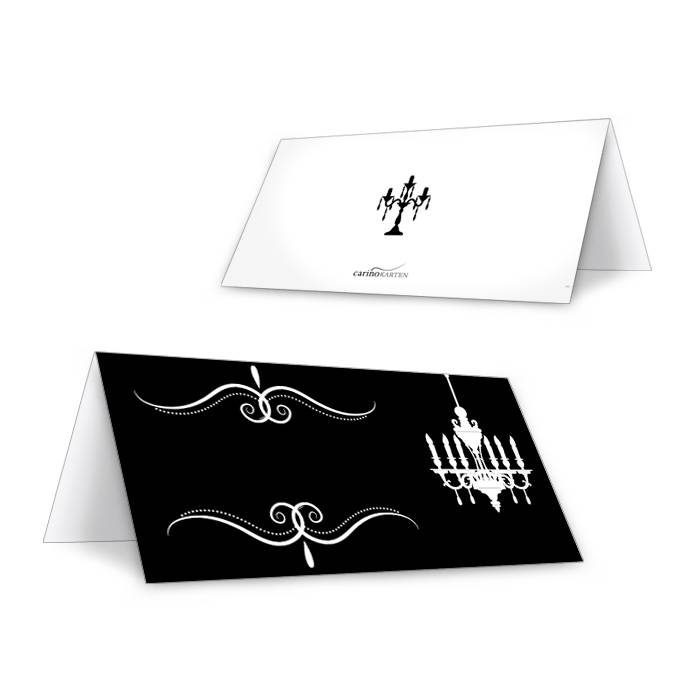 Edle Tischkarten zur Hochzeit in Schwarz-Weiß mit Kronleuchter