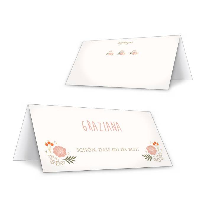 Tischkarte zur Vintage Hochzeit in Creme mit Blüten