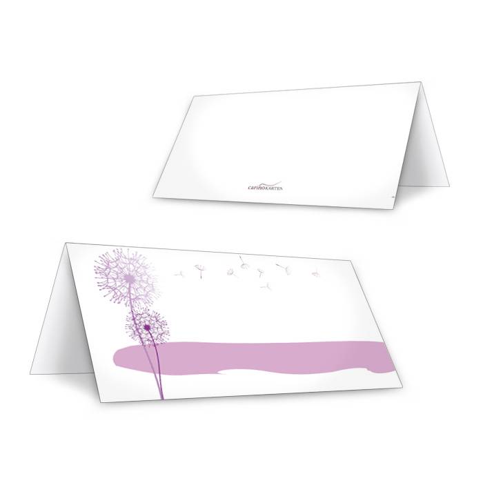 Tischkarte zur Hochzeit mit Pusteblume in zartem Flieder