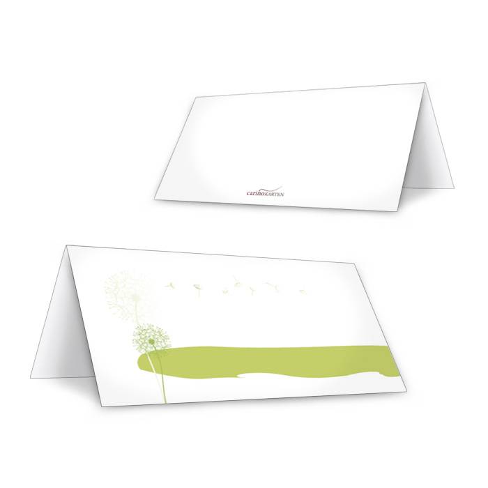 Tischkarte zur Hochzeit mit Pusteblume in frischem Grün
