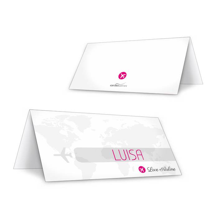 Tischkarten mit Flugzeug Design und Weltkarte in Pink