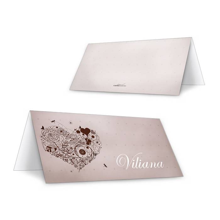 Personalisierbare Tischkarte mit floralem Herz in Grau