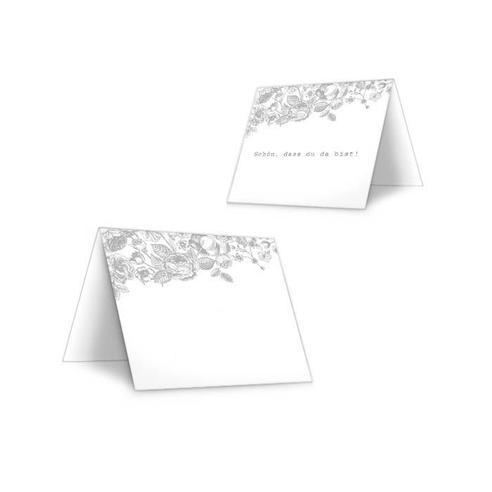 Tischkarten zur Vintage Hochzeit mit Rosenmotiv in Grau