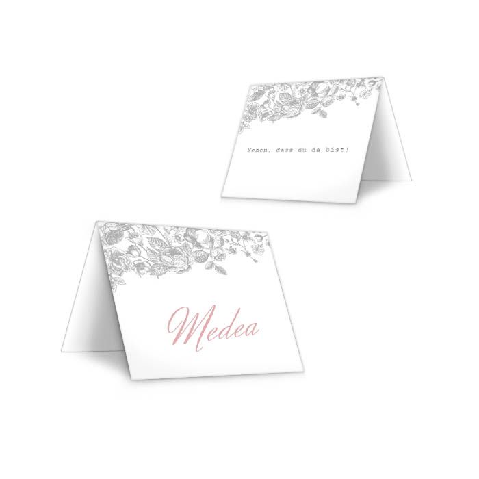 Personalisierbare Tischkarten zur Hochzeit mit Rosen in Grau