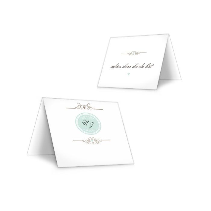 Elegante Tischkarten zur Hochzeit mit Monogramm in Mint