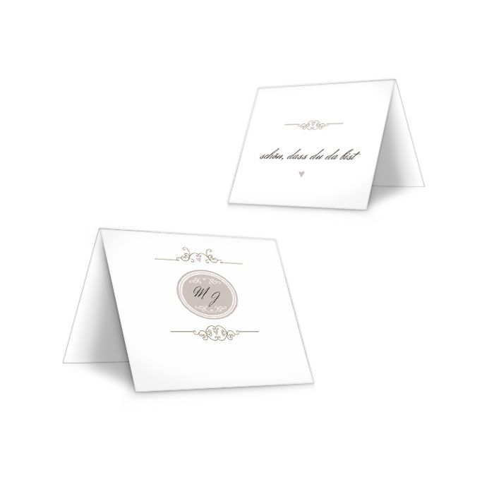 Elegante Tischkarten zur Hochzeit mit Monogramm in Taupe
