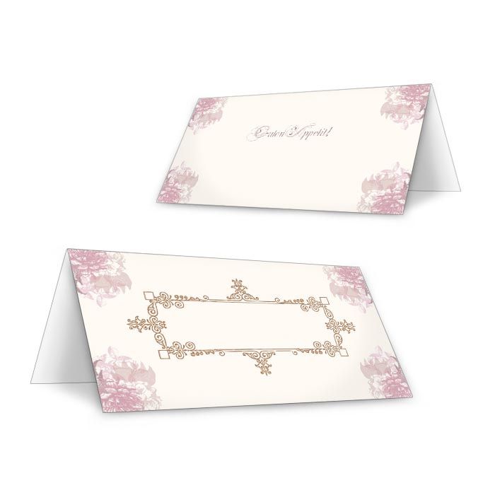 Tischkarten zur Vintage Hochzeit mit Blüten in Rosa