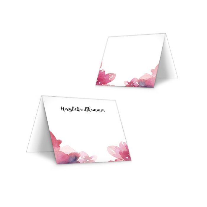 Florale Tischkarten zur Hochzeit mit Aquarell Blumen in Pink
