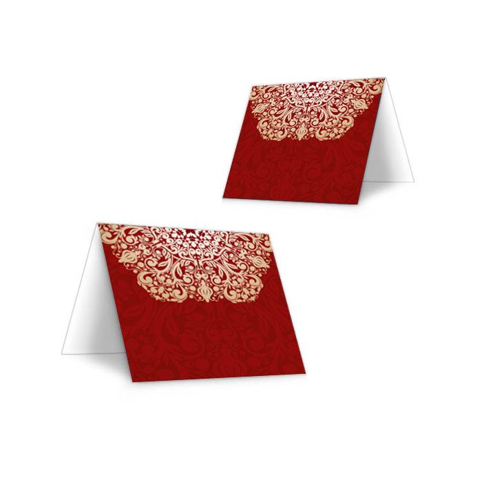 Tischkarte zur Hochzeit mit barockem Ornament in Rot Gold