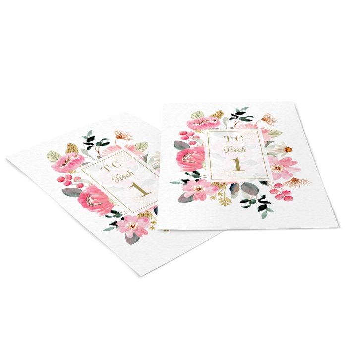 Tischkarte für Ihre Hochzeitstafel mit bunten Aquarellblumen und Tischnummern