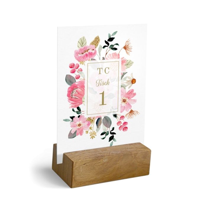 Tischkarte für Ihre Hochzeitstafel mit Holzaufsteller und bunten Aquarellblumen