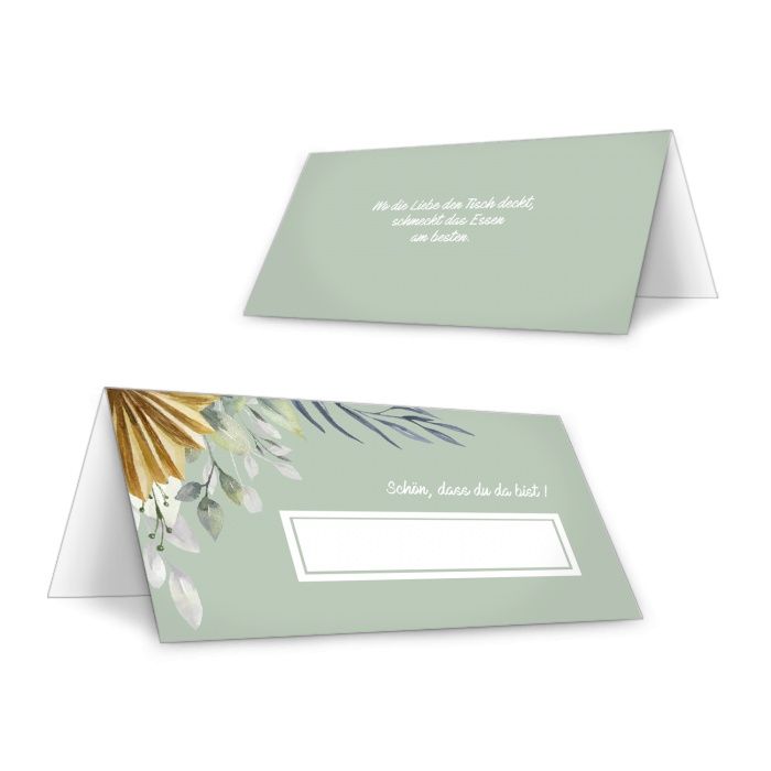 Tischkarten zur Hochzeit im Greenerystil mit Blätterdesign zum Beschriften
