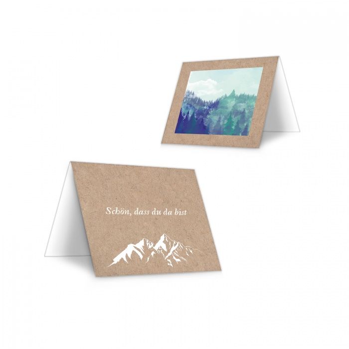 Tischkarte für die Hochzeitstafel im rustikalen Kraftpapierstil mit Bergmotiv und