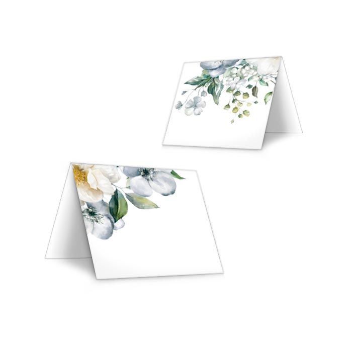 Tischkarten zur Hochzeit im floralen Design in Graublau