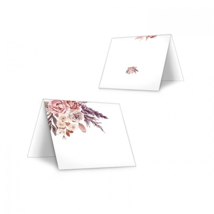 Tischkarten für die Hochzeit mit Trockenblumen in Rosa zum Beschriften