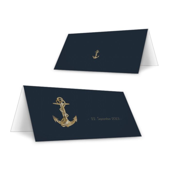 Tischkarten für die maritime Hochzeit zum Beschriften in Dunkelblau mit Anker