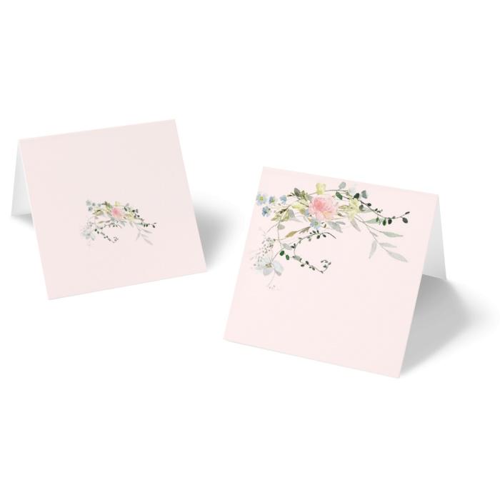 Tischkarten für eine romantische Hochzeit mit zarten Wiesenblumen zum Beschriften