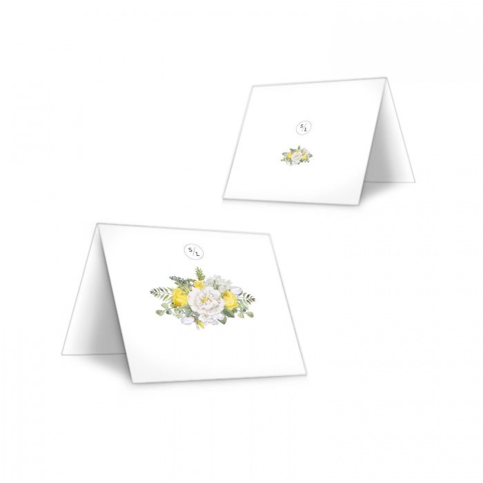 Tischkarten mit gelben Blumen für die sommerliche Hochzeitstafel zum Beschriften