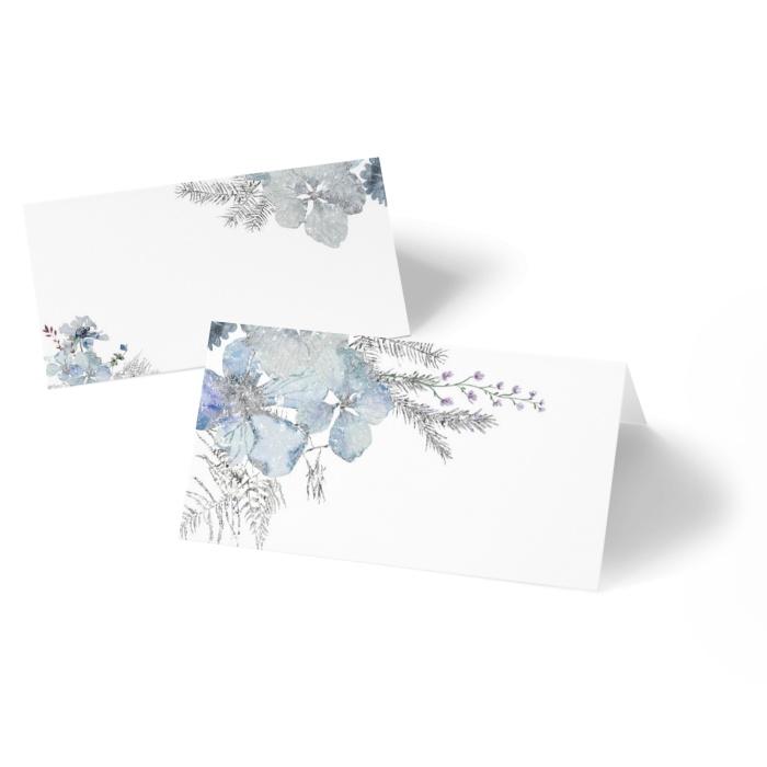 Tischkarten zum Beschriften für eure Winterhochzeit mit eisig blauen Aquarellblumen
