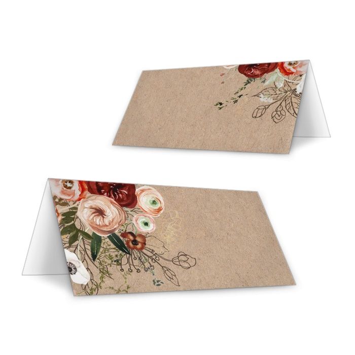Tischkarten zur Hochzeit in Kraftpapieroptik mit roten Aquarellblumen zum Beschriften