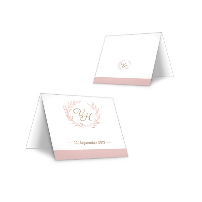 Elegante Tischkarte zur Hochzeit mit Blätterkranz in Rosa
