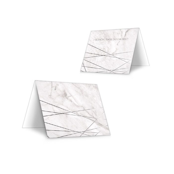 Tischkarten in Marmoroptik mit silbernen geometrischen Formen