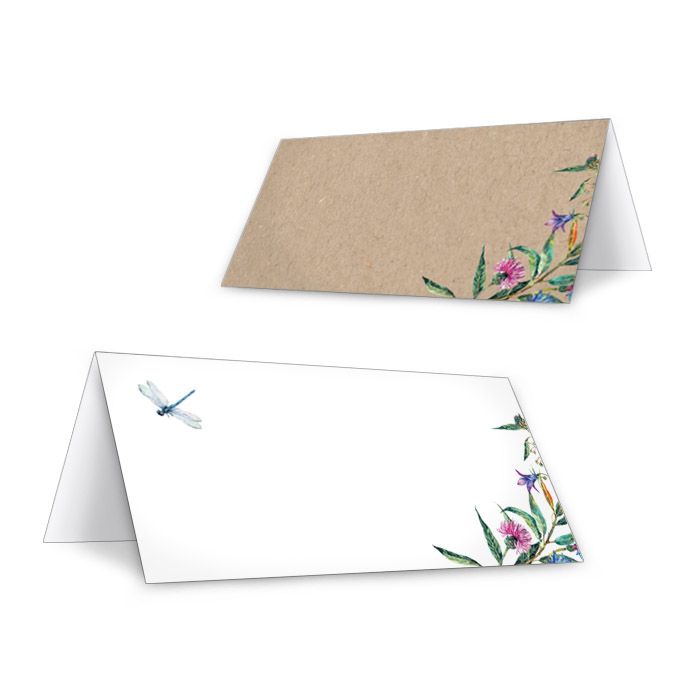 Tischkarten in Kraftpapieroptik mit Wildblumen und Libelle