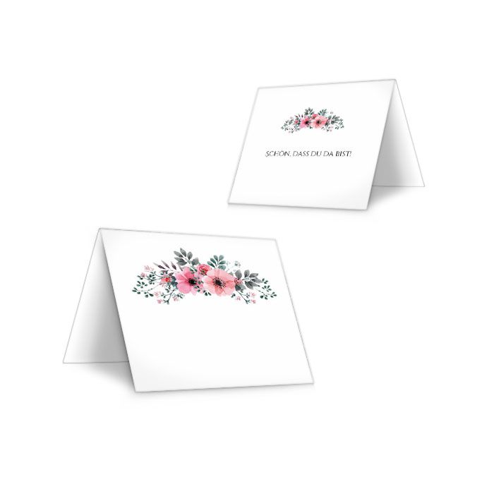 Hübsche Tischkarten zur Hochzeit mit rosa Aquarell Blumen