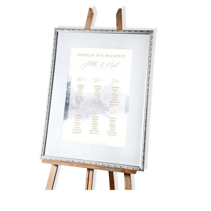 Tischplan 40x60 cm für die Sitzordnung zur Hochzeit mit winterlichen Aquarell