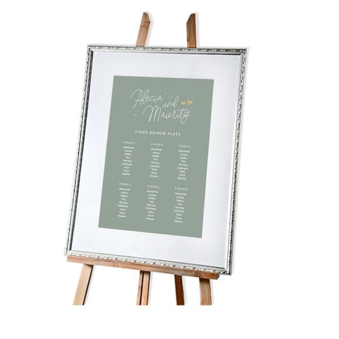 Tischplan zur Hochzeit in Pastellgrün mit Kalligraphieschrift
