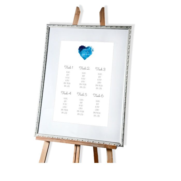 Großer Tischplan zur Hochzeit mit Watercolor Herz in Blau