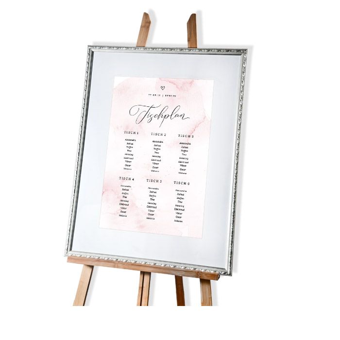 Tischplan zur Hochzeit mit Kalligraphie und Watercolordesign