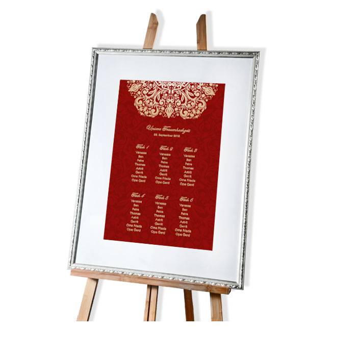 Tischplan zur Hochzeit im barocken Design in Rot und Gold