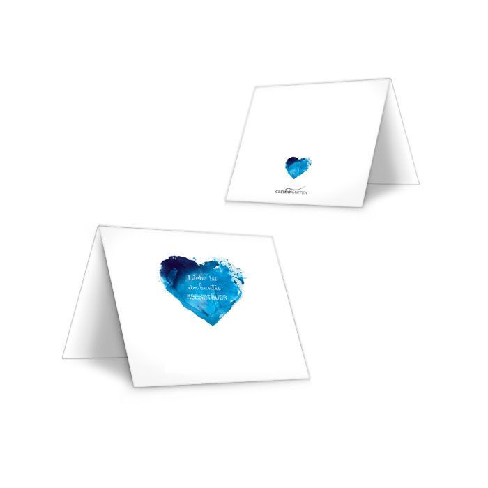 Tischkarten zur Hochzeit mit Watercolor Herz in Blau