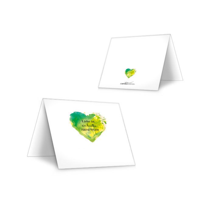 Tischkarten zur Hochzeit mit Watercolor Herz in Grün