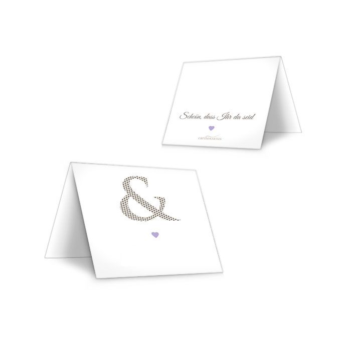 Tischkarten zur Hochzeit mit &-Zeichen und Herz in Lila