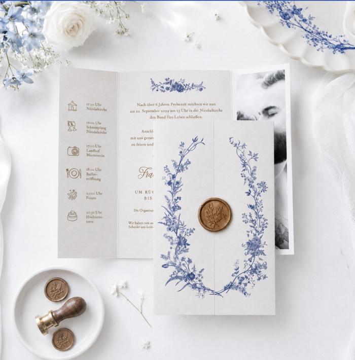 Hochzeitseinladung Romantic Toile Blau mit floraler Altarfalz, Wachssiegel und geöffneten Innenseite