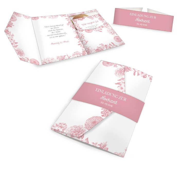 Hochzeitseinladung als Pocket Fold in Rosa mit Blumen